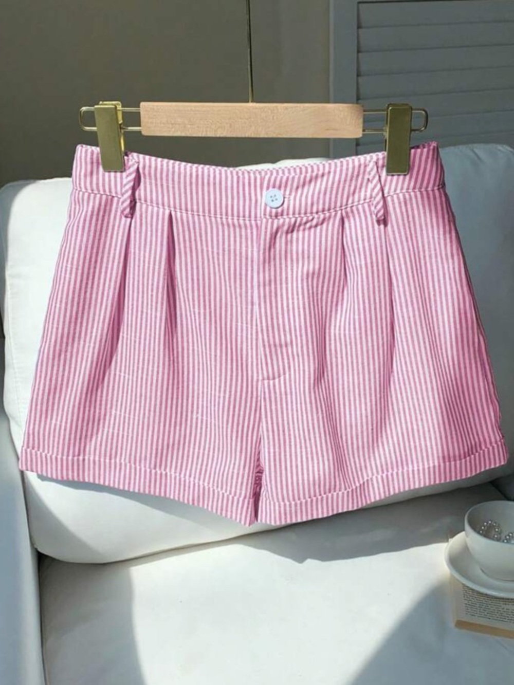 High-Waist Pink Striped Women's Shorts - L - Picture 6 of 6